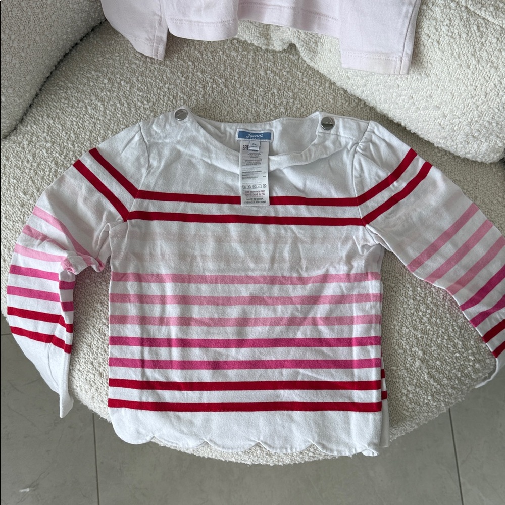 Jacadi White Long-Sleeve Striped Tee with Pink & Red Stripes